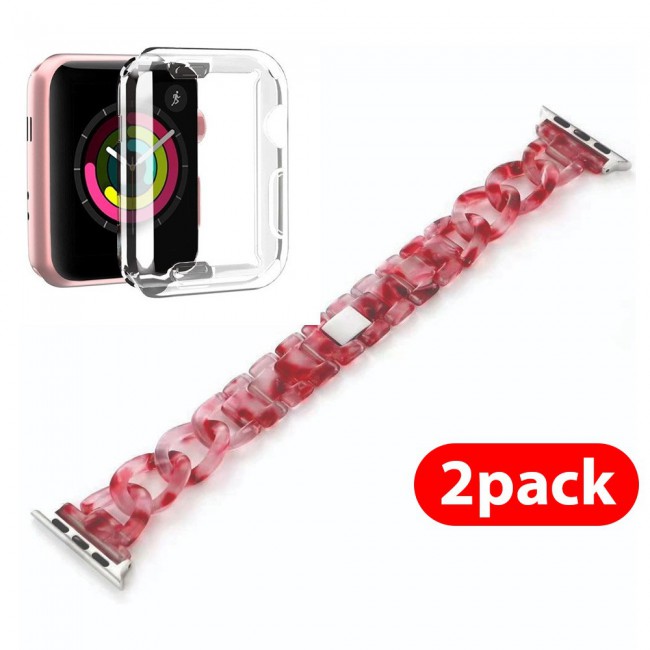 2Pack Apple Watch Band Chain Resin Design with Protective TPU Case 44mm by Margoun – Marble Red