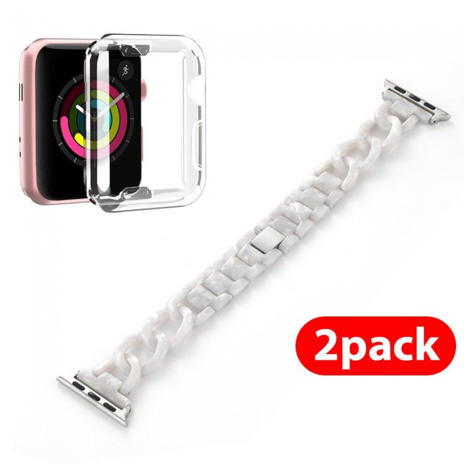 2Pack Apple Watch Band Chain Resin Design with Protective TPU Case 44mm by Margoun – Marble White Stone
