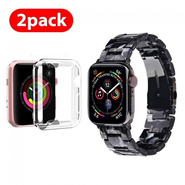 2Pack Apple Watch Band Resin Strap with TPU Protective Cover 44mm by Margoun - Marble Black White