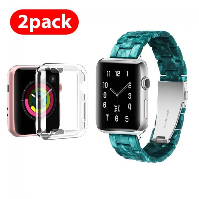 2Pack Apple Watch Band Resin Strap with TPU Protective Cover 44mm by Margoun - Marble Green