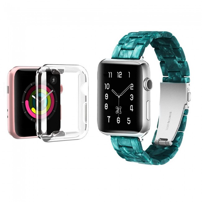 2Pack Apple Watch Band Resin Strap with TPU Protective Cover 44mm by Margoun - Marble Green