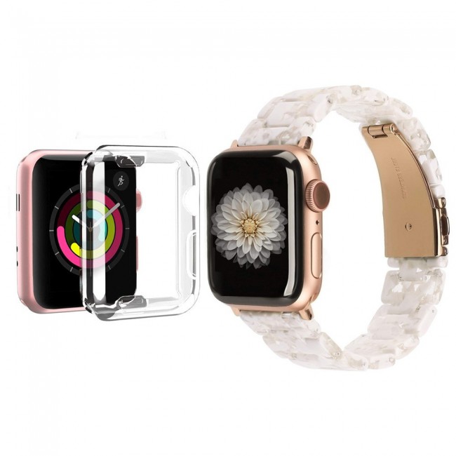 2Pack Apple Watch Band Resin Strap with TPU Protective Cover 44mm by Margoun - Marble Light Cream