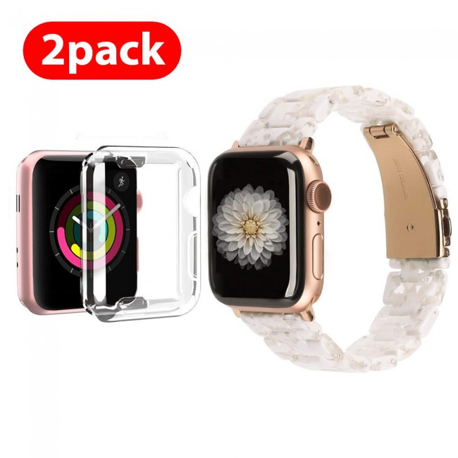 2Pack Apple Watch Band Resin Strap with TPU Protective Cover 44mm by Margoun - Marble Light Cream