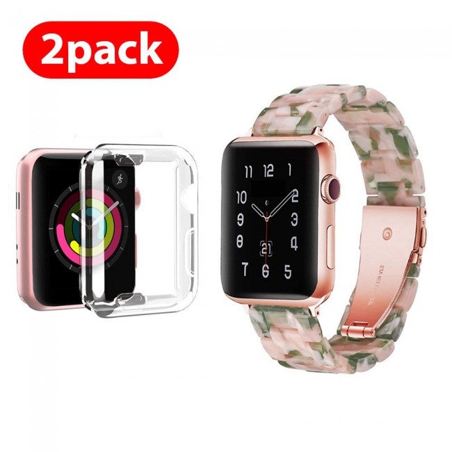 2Pack Apple Watch Band Resin Strap with TPU Protective Cover 44mm by Margoun - Marble Pink Green