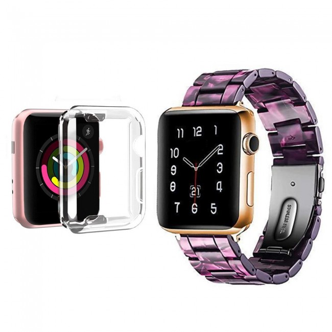 2Pack Apple Watch Band Resin Strap with TPU Protective Cover 44mm by Margoun - Marble Purple Black