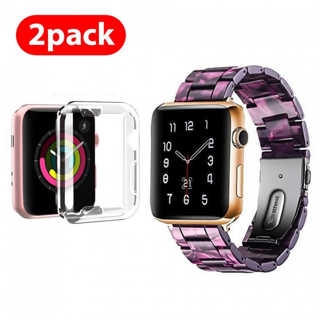 2Pack Apple Watch Band Resin Strap with TPU Protective Cover 44mm by Margoun - Marble Purple Black
