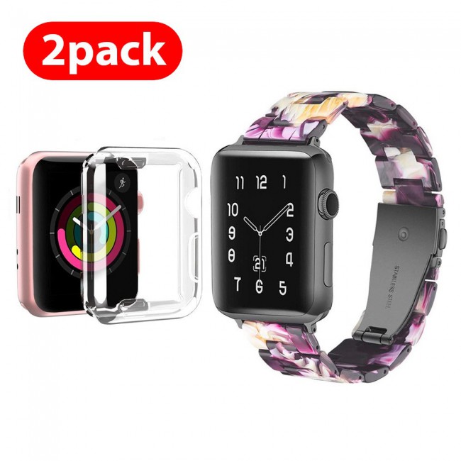 2Pack Apple Watch Band Resin Strap with TPU Protective Cover 44mm by Margoun - Purple Yellow Flower