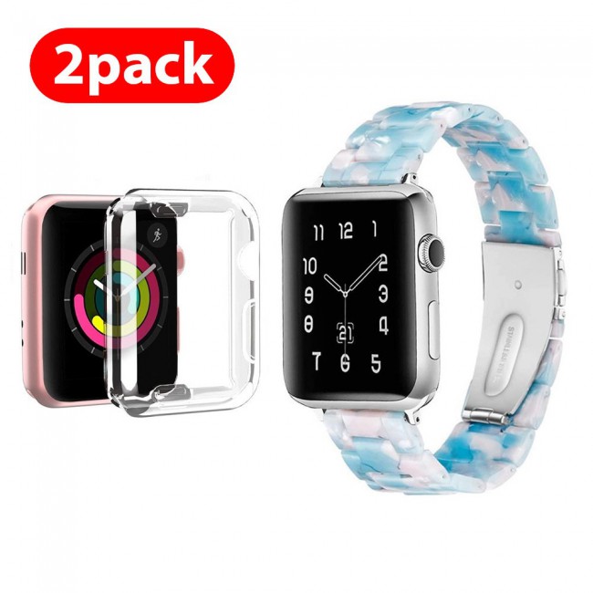 2Pack Apple Watch Band Resin Strap with TPU Protective Cover 44mm by Margoun - Marble White Blue