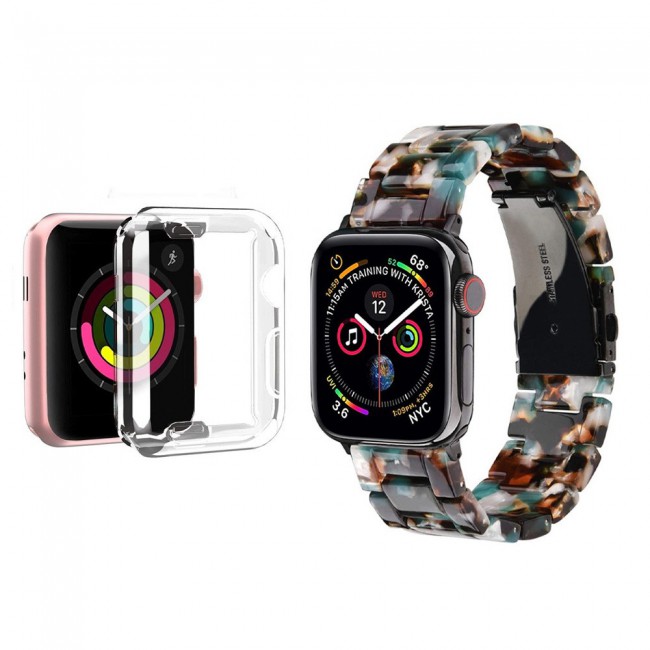 2Pack Apple Watch Band Resin Strap with TPU Protective Cover 44mm by Margoun - Marble White Brown