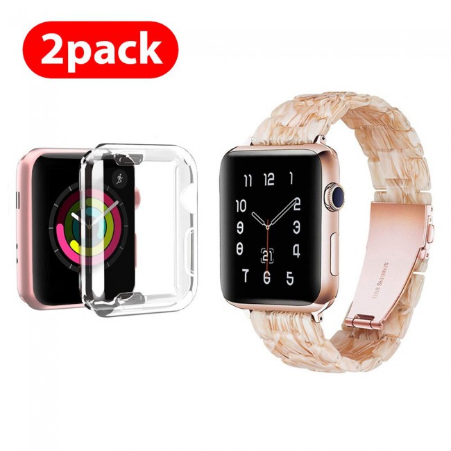 2Pack Apple Watch Band Resin Strap with TPU Protective Cover 44mm by Margoun - Marble White Brown