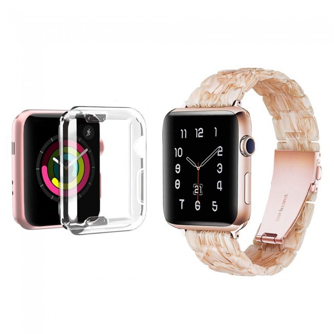 2Pack Apple Watch Band Resin Strap with TPU Protective Cover 44mm by Margoun - Marble White Brown