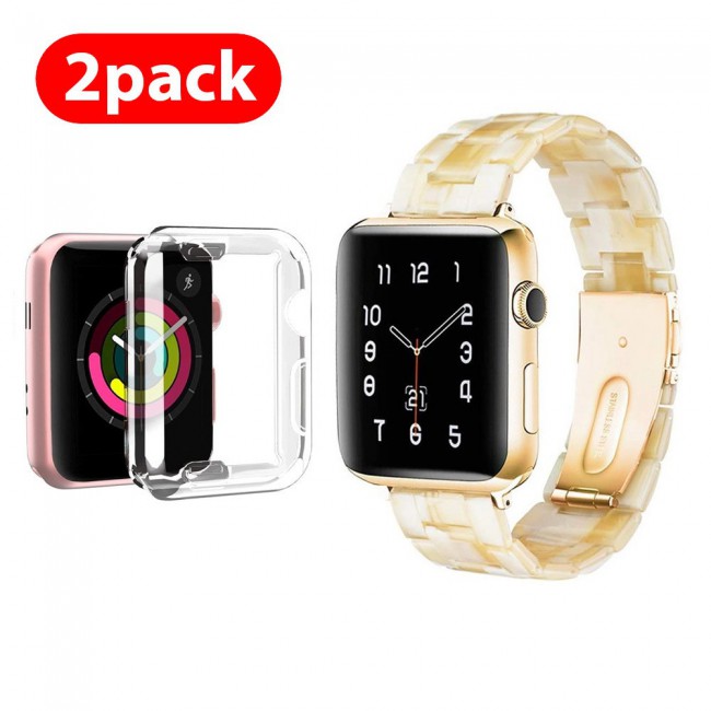 2Pack Apple Watch Band Resin Strap with TPU Protective Cover 44mm by Margoun - Marble White Yellow