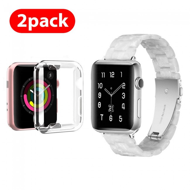 2Pack Apple Watch Band Resin Strap with TPU Protective Cover 44mm by Margoun - Marble White