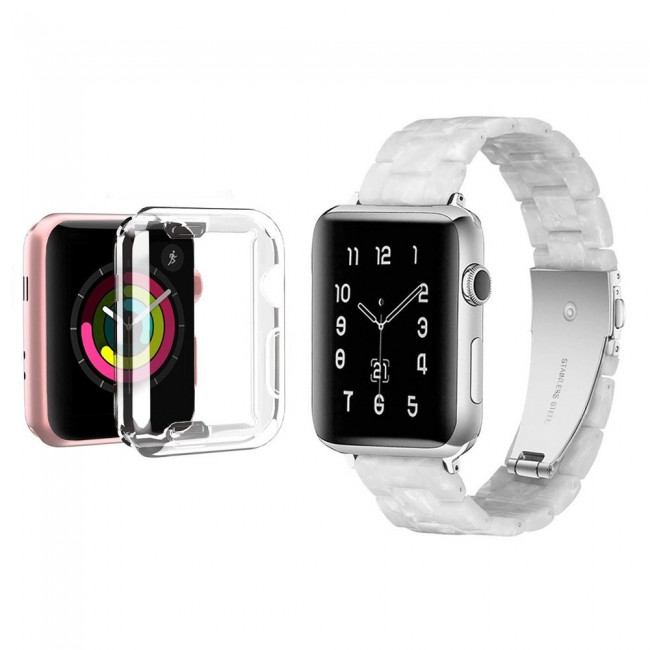2Pack Apple Watch Band Resin Strap with TPU Protective Cover 44mm by Margoun - Marble White