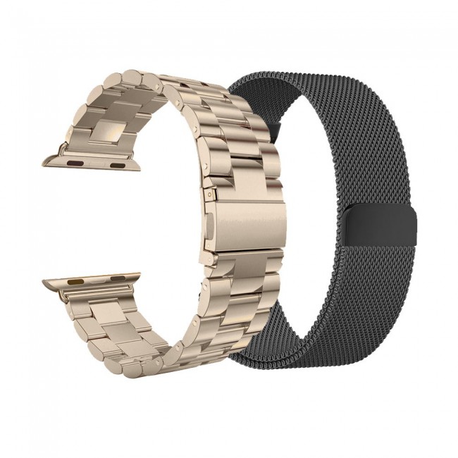 2Pack Apple Watch Band 42-44-45mm Magnetic Milanese and Stainless Steel Buckle Strap by Margoun – Gold Black