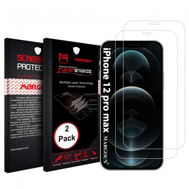 Apple iPhone 12 Pro Max Tempered Screen Protector Super Shieldz by Margoun - 2-Pack Clear