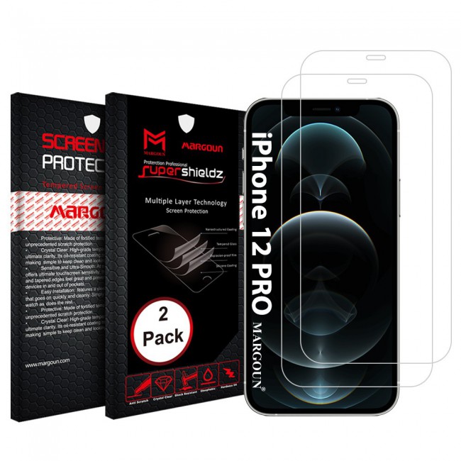 Apple iPhone 12 Pro Tempered Screen Protector Super Shieldz by Margoun - 2-Pack Clear