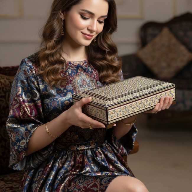 MARGOUN Handmade Khatamkari Inlaid Wooden Jewelry Box, Decorative Keepsake Box, Authentic Middle Eastern Marquetry Art, 22x14x6 cm