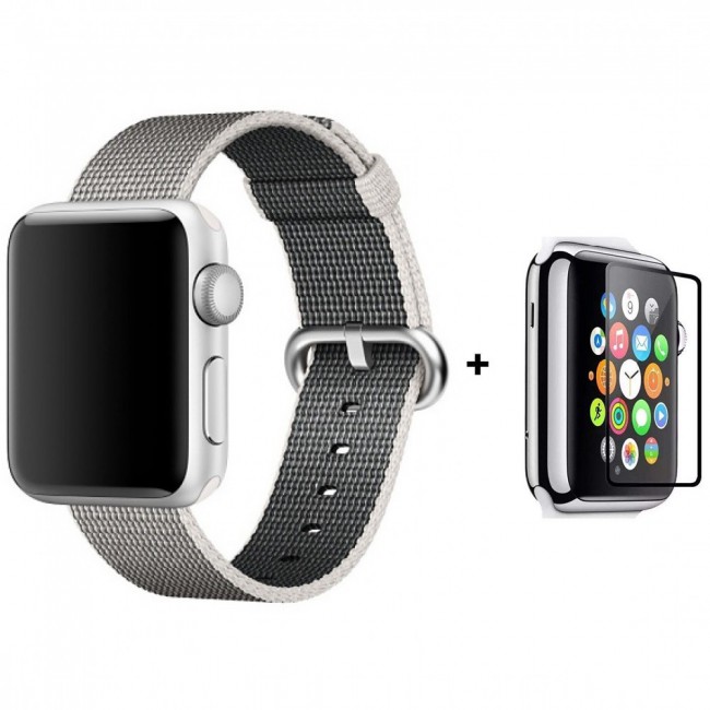 Margoun Fine Woven Nylon Apple Watch Band with Glass Screen Protector – 38/40/42/44mm, Green / Blue / Pink / Beige
