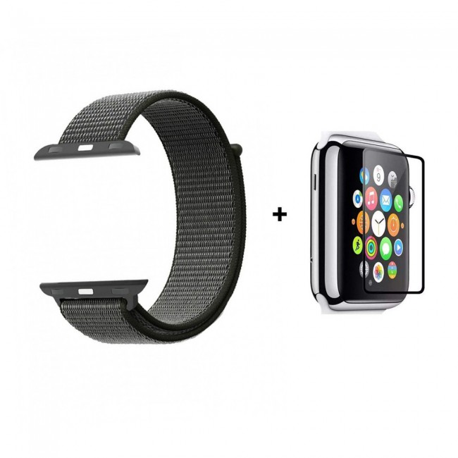 Apple Watch Band 42mm 44mm Fine Woven Nylon Strap with Glass Screen Protector – Grey
