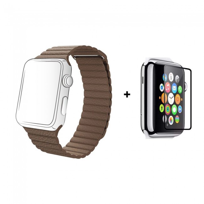 Margoun Leather Loop Band with Adjustable Magnetic Closure Along with a Glass Screen Protector for Apple Watch – In 7 Colors – 38/40/42/44mm