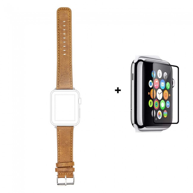 Margoun Genuine Leather Replacement Band with Glass Screen Protector for Apple Watch (RAM) in 4 Colors - 42/44mm