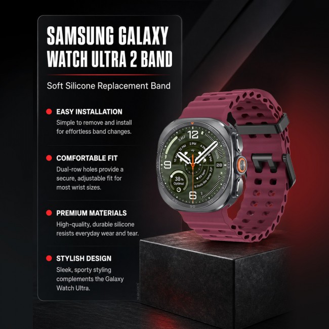 MARGOUN Silicone Sport Band Compatible with Samsung Galaxy Watch Ultra 2 (2026), No Gap Breathable Waterproof Replacement Strap for Men and Women - Burgundy
