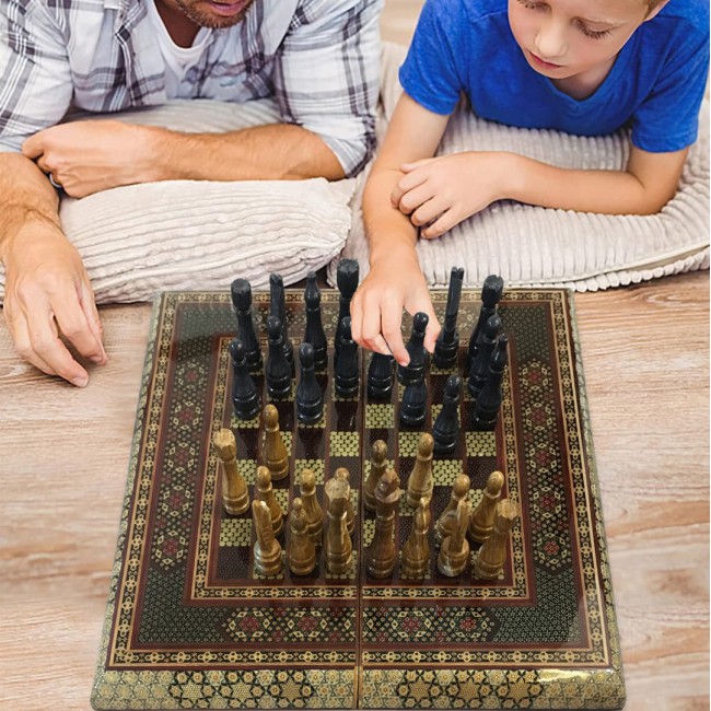 MARGOUN Handmade Chess Board and Backgammon Decorative Chess Gift Wooden Backgammon Set Khatam Chess /Red