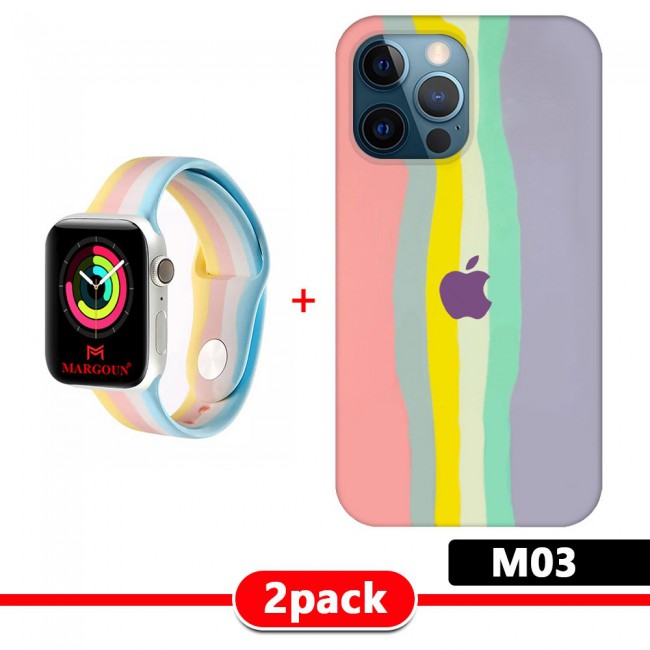 Set of 2Pack Rainbow Cover for iPhone 13 Pro with Apple Watch Band Soft Silicone 38-40-41mm - M01-M11