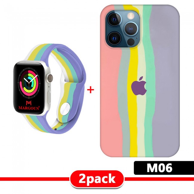 Set of 2Pack Rainbow Cover for iPhone 13 Pro with Apple Watch Band Soft Silicone 38-40-41mm - M01-M11