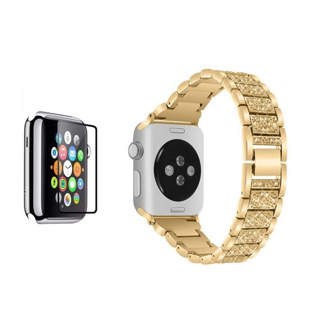 Apple Watch 42mm 44mm Steel Crystal Buckle Band and Screen Protector - Gold