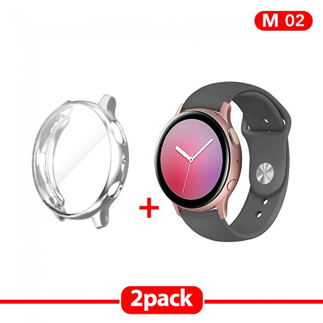 2Pack Galaxy Watch Active and Active 2 Soft Silicone Band 20mm with Silver TPU Case Cover 44mm - All Colors