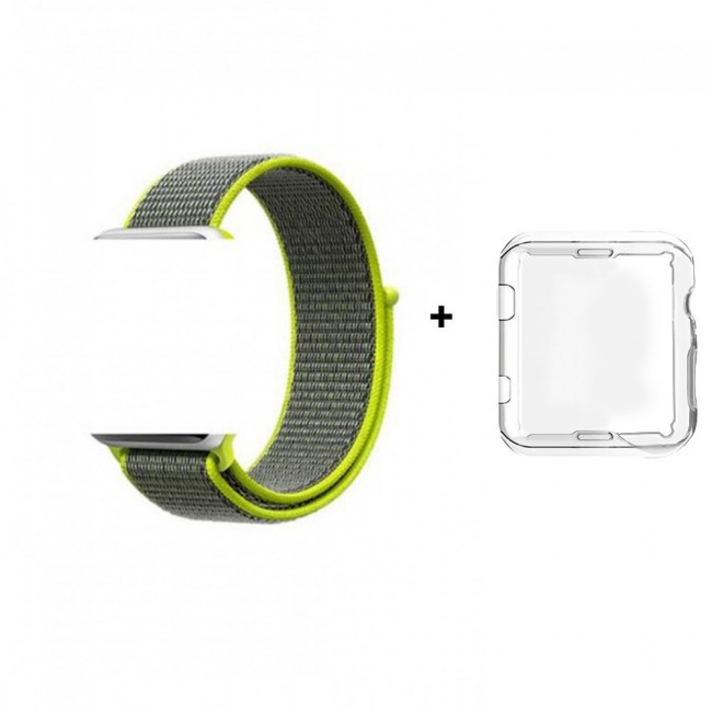 Apple Watch Band 42mm 44mm Fine Woven Nylon Strap with Clear TPU Case - Grey Green