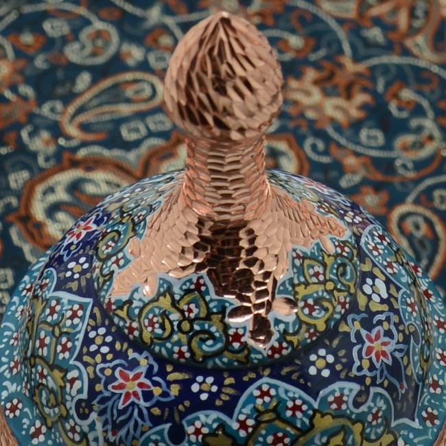 Persian Handmade Enamel Copper Vases and Candy Bowl with Diamond-Cut Design by Margoun