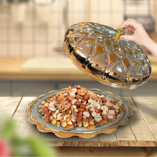 MARGOUN Luxury Serving Platter Food Dome Cover Royal Dish Cover Gourmet Tableware Silver and Gold Serving Tray Hight 12cm / Hight depth 6cm /Width 46cm