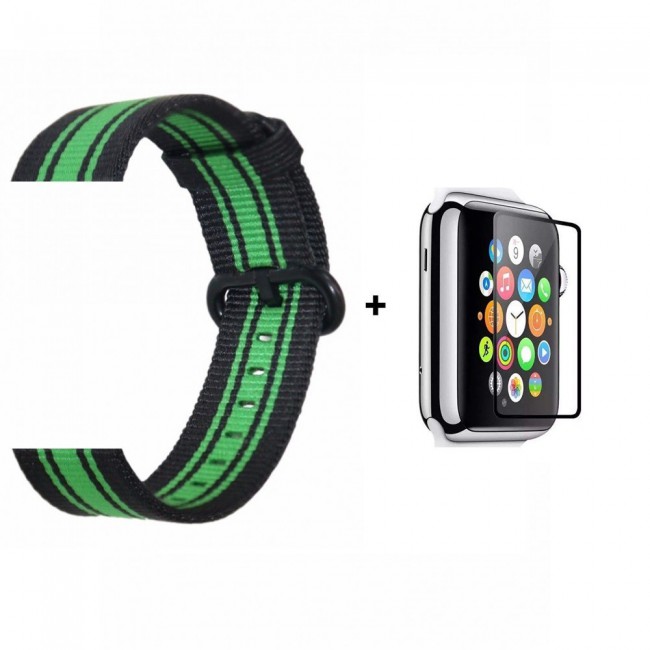 Margoun Fine Woven Nylon Apple Watch Band with Glass Screen Protector – 38/40/42/44mm, Green / Blue / Pink / Beige