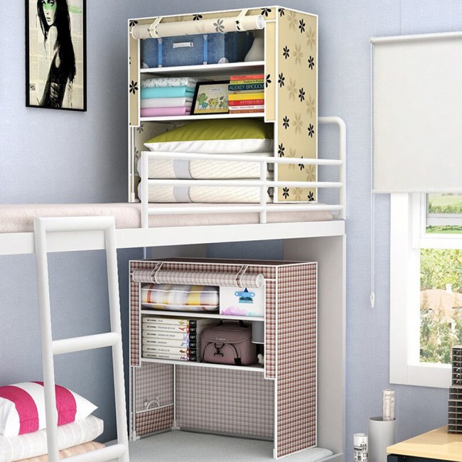 Margoun 3-Layer Bed Wardrobe College Dormitory Storage - Checkered Brown