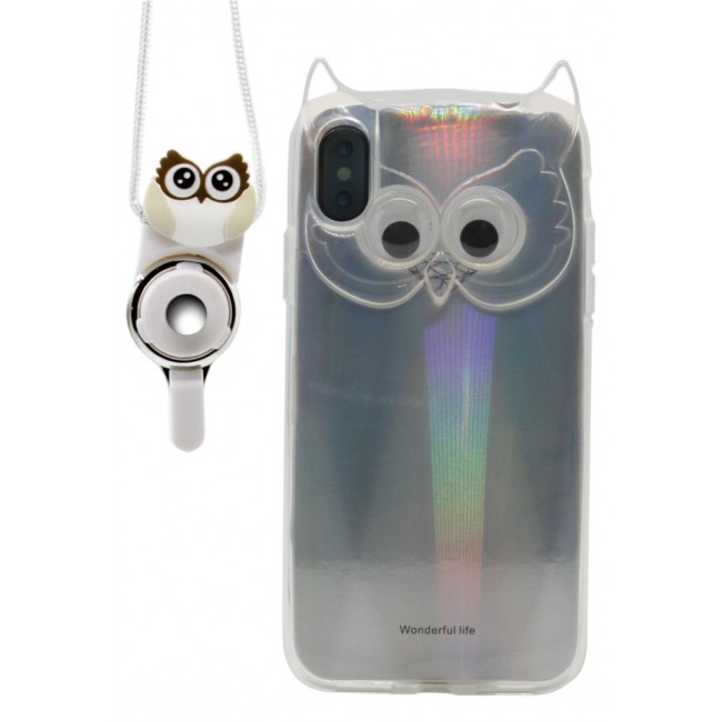 Margoun Owl Series for Apple iPhone X (5.8 inch) Tempered Back Cover Cute Cartoon Case with Strap 