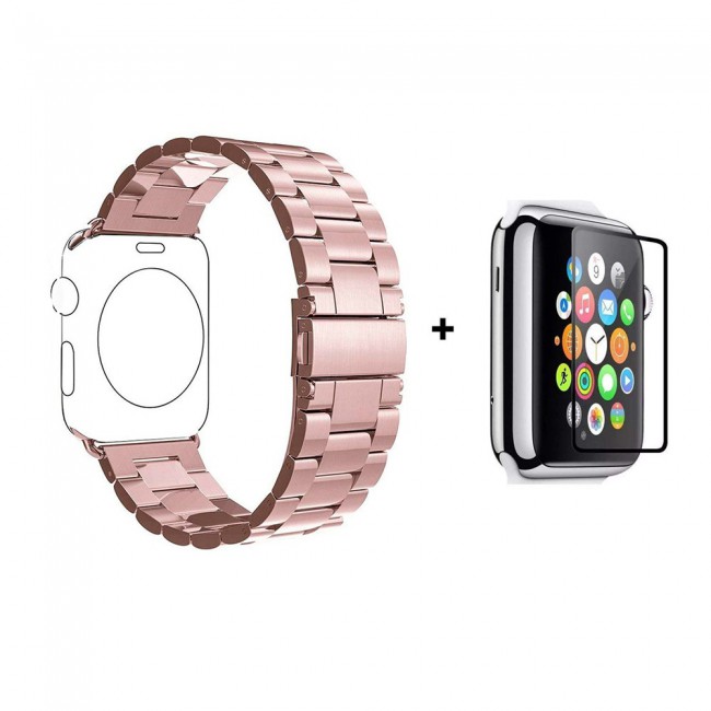 Margoun Stainless Steel Buckle Band Strap with Glass Screen Protector for Apple Watch – 42/44mm – Gold / Black / Grey / Rose Gold