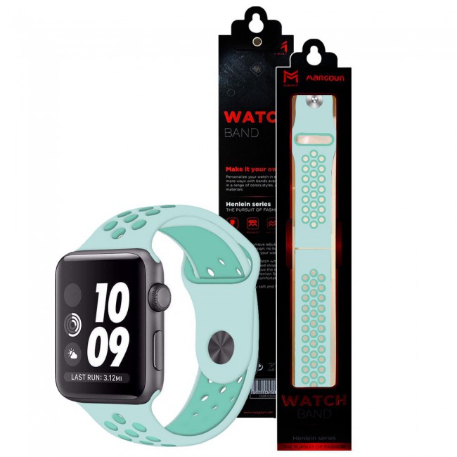 Apple Watch Band 42-44-45mm Silicone Nike Design Strap Henlein Series by Margoun - Blue and Turquoise