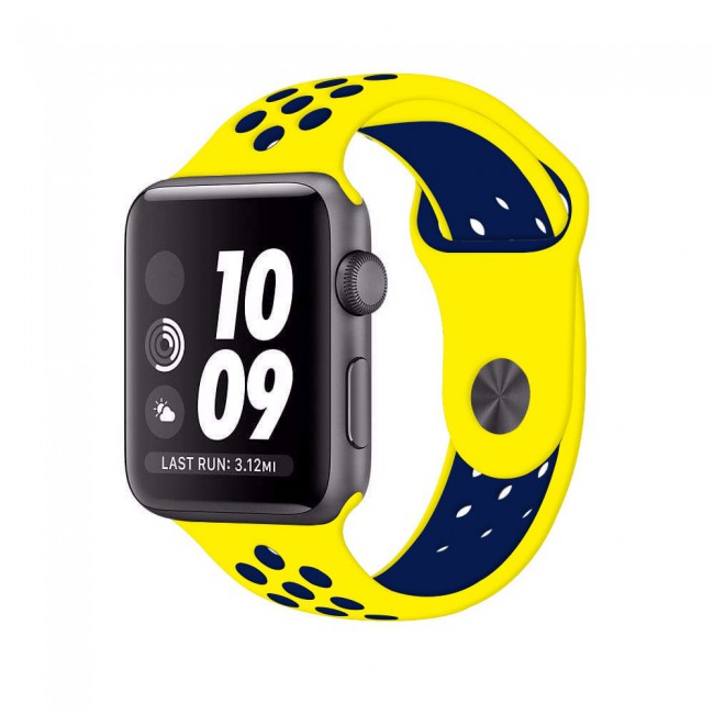 Apple Watch Band 42-44-45mm Silicone Nike Design Strap Henlein Series by Margoun - Yellow and Dark Blue