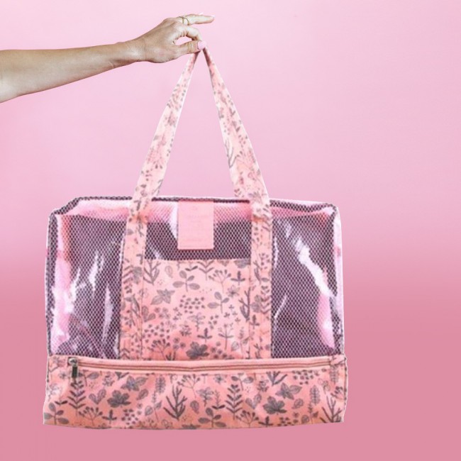 Nylon and Mesh Handbag Tote Floral Printed - Pink