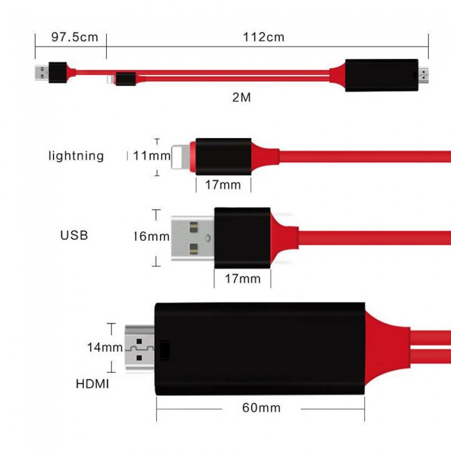 OTN-7575S Lightning to HDMI Cable HDTV Adapter 2m – Red