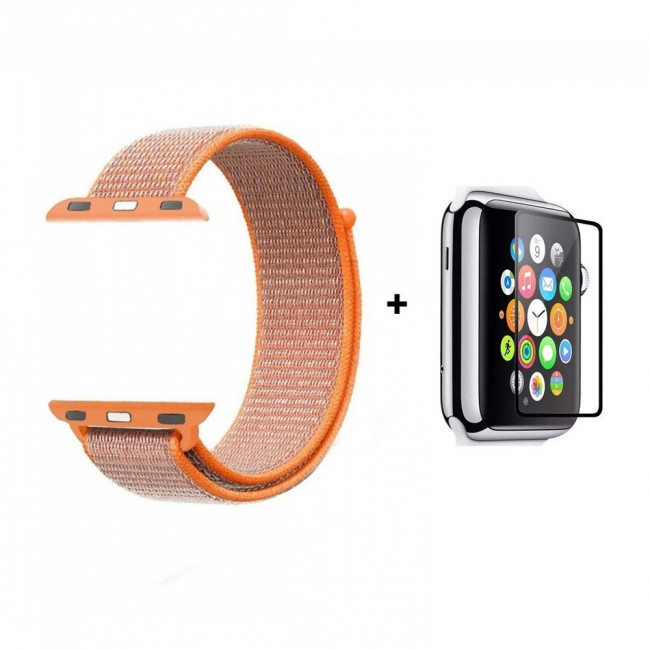 Apple Watch Band 42mm 44mm Fine Woven Nylon Strap with Glass Screen Protector – Orange