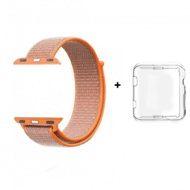Apple Watch Band 42mm 44mm Fine Woven Nylon Strap with Clear TPU Case - Orange