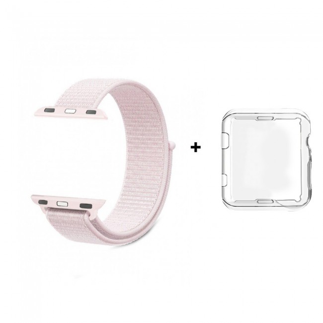 Apple Watch Band 42mm 44mm Fine Woven Nylon Strap with Clear TPU Case - Pink