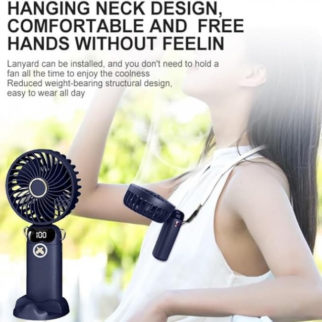 MARGOUN Portable Fan, Rechargeable Fan with LED Display, 5 Speeds Desk Fan, Works up to 11-18 Hours, Portable Fan with Neck Lanyard - Dark Blue