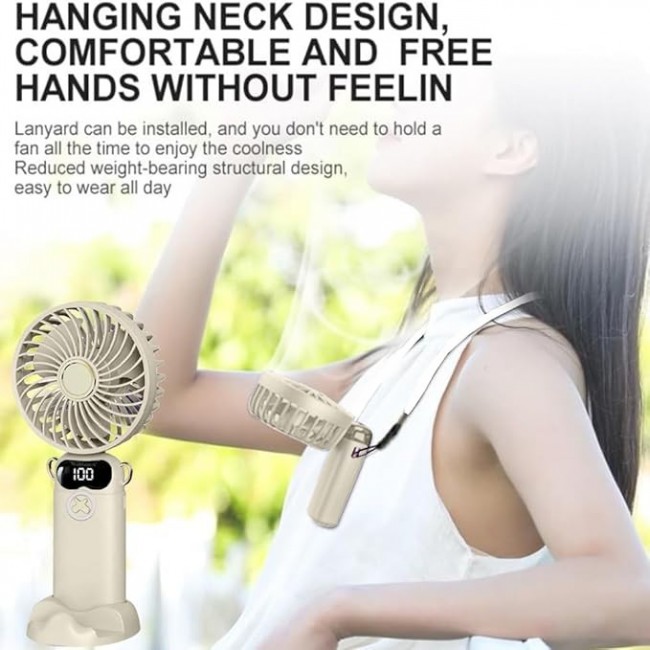 MARGOUN Portable Fan, Rechargeable Fan with LED Display, 5 Speeds Desk Fan, Works up to 11-18 Hours, Portable Fan with Neck Lanyard - Beige