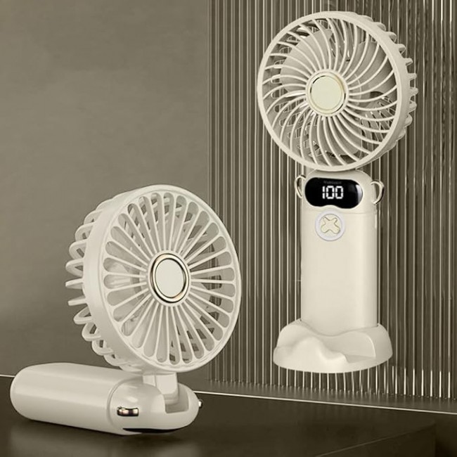 MARGOUN Portable Fan, Rechargeable Fan with LED Display, 5 Speeds Desk Fan, Works up to 11-18 Hours, Portable Fan with Neck Lanyard - Beige