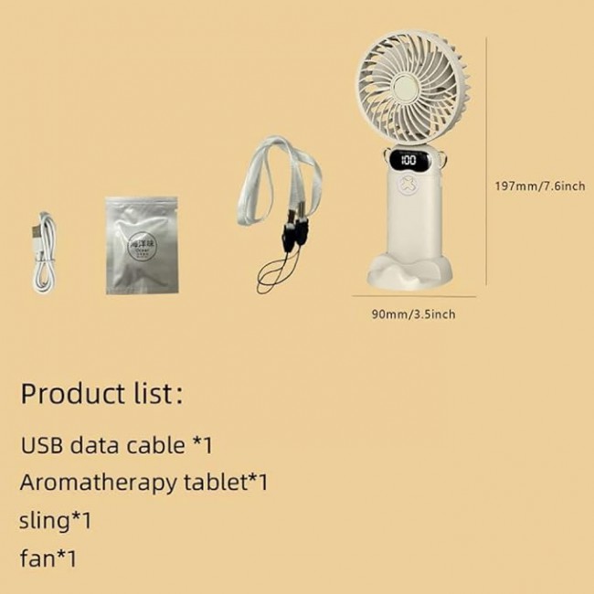 MARGOUN Portable Fan, Rechargeable Fan with LED Display, 5 Speeds Desk Fan, Works up to 11-18 Hours, Portable Fan with Neck Lanyard - Beige